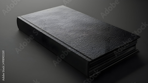 A black leather bound book on a dark grey background.