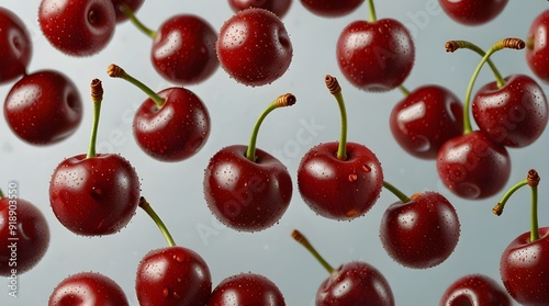 Cherries floating in the air isolated on transparent background.generative.ai 