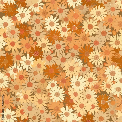 Seamless pattern with yellow and orange daisies on a brown background.