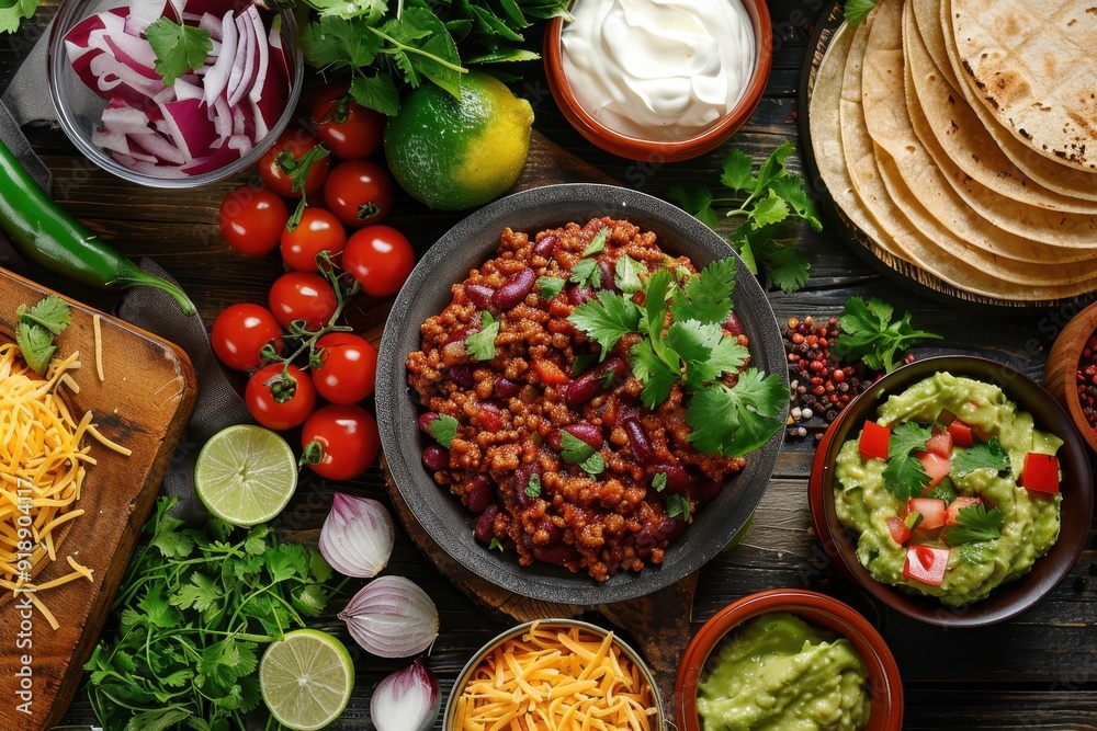 Top view of traditional Mexican chili con carne Top view of traditional Mexican chili con carne