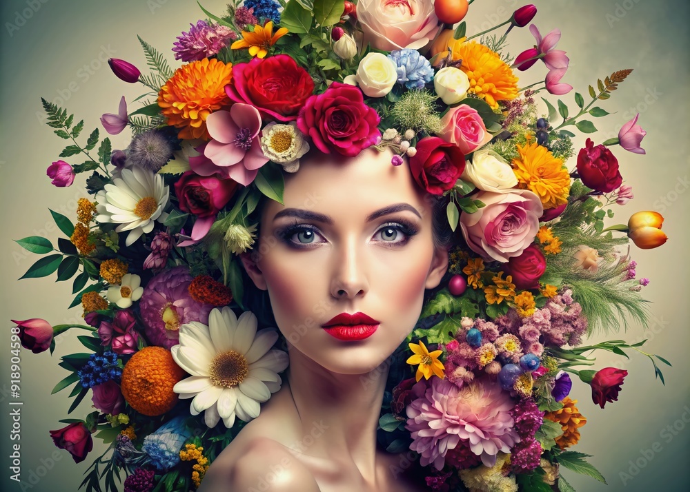 Fototapeta premium woman and variety of flower graphic poster collage mix media creative poster fashion stylish beautiful woman campaign [poster banner commercial advertising template background
