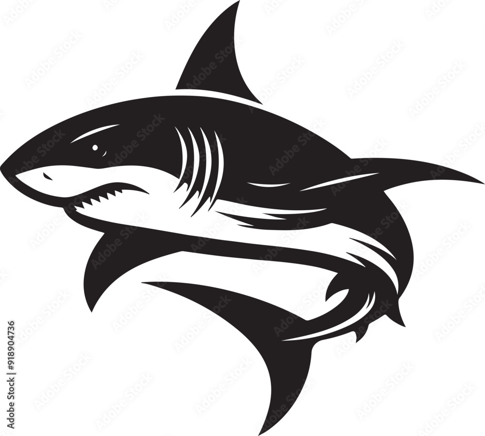 Fototapeta premium A sleek shark silhouette, gliding through the water with its sharp dorsal fin and streamlined body, exuding power and stealth..