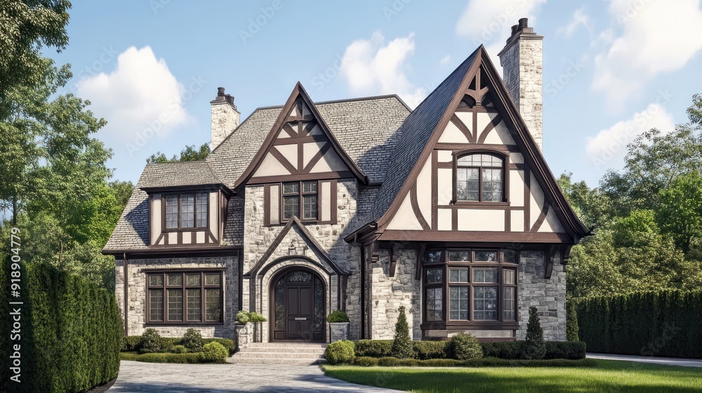 Stone and Timber Tudor Style Home with Landscaped Yard Stone and Timber Tudor Style Home with Landscaped Yard