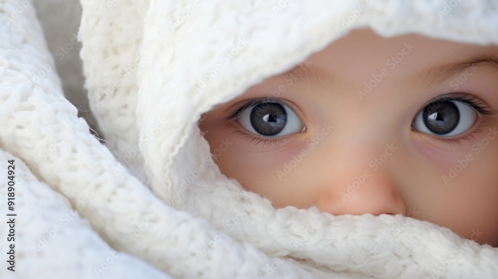 A close-up of a beautiful baby peeking out from under a soft A close-up of a beautiful baby peeking out from under a soft