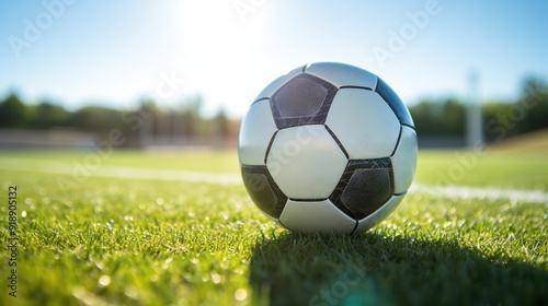 A close-up shot of a soccer ball resting in the corner of a goal net on a brigh