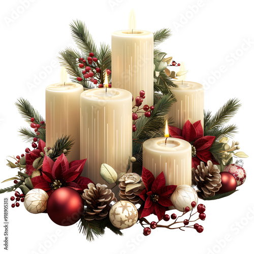 Festive Christmas Centerpiece with Burning Candles, Evergreen Greenery, Poinsettias, Pine Cones, and Ornamental Baubles