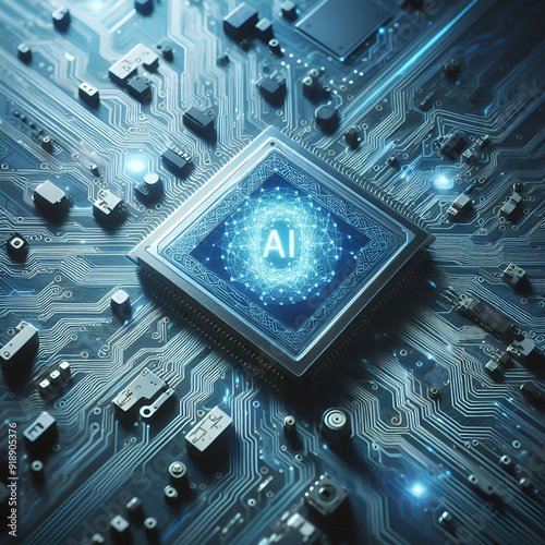 Artificial Intelligence processor unit. Powerful Quantum AI component on PCB motherboard with data transfers.