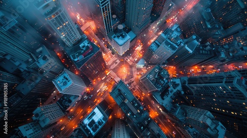 city building night time, aerial view, skyscrapers, street lights, lights on buildings