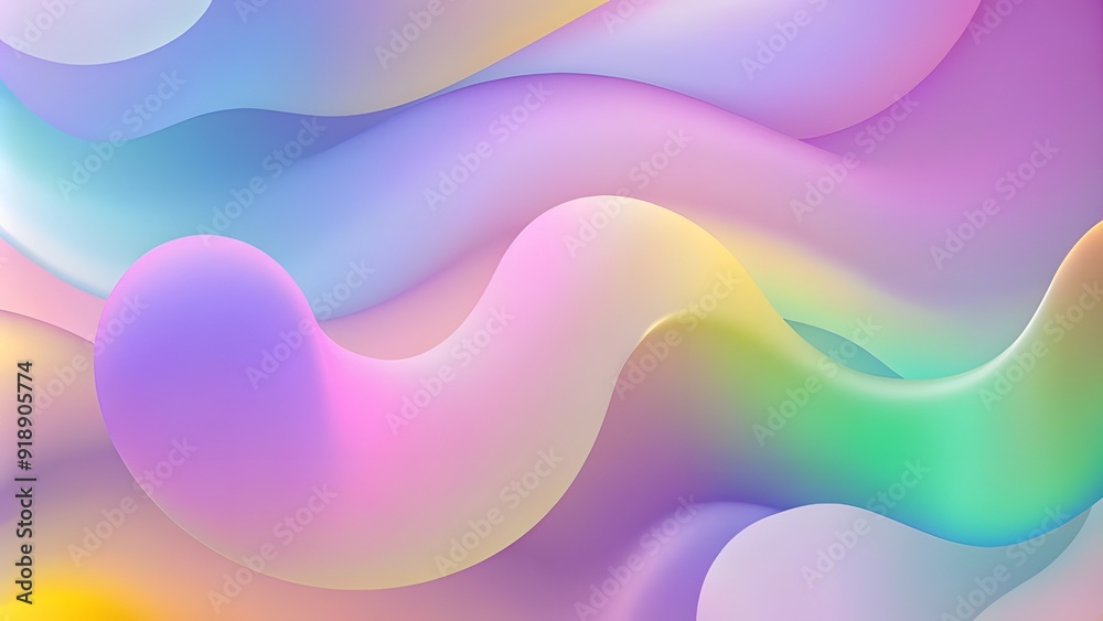 Fototapeta premium Holographic liquid background. Holograph blue, yellow, pink colors texture with foil effect. Hyalographic iridescent backdrop. Pearlescent gradient for design prints. 3d soft Metallic texture