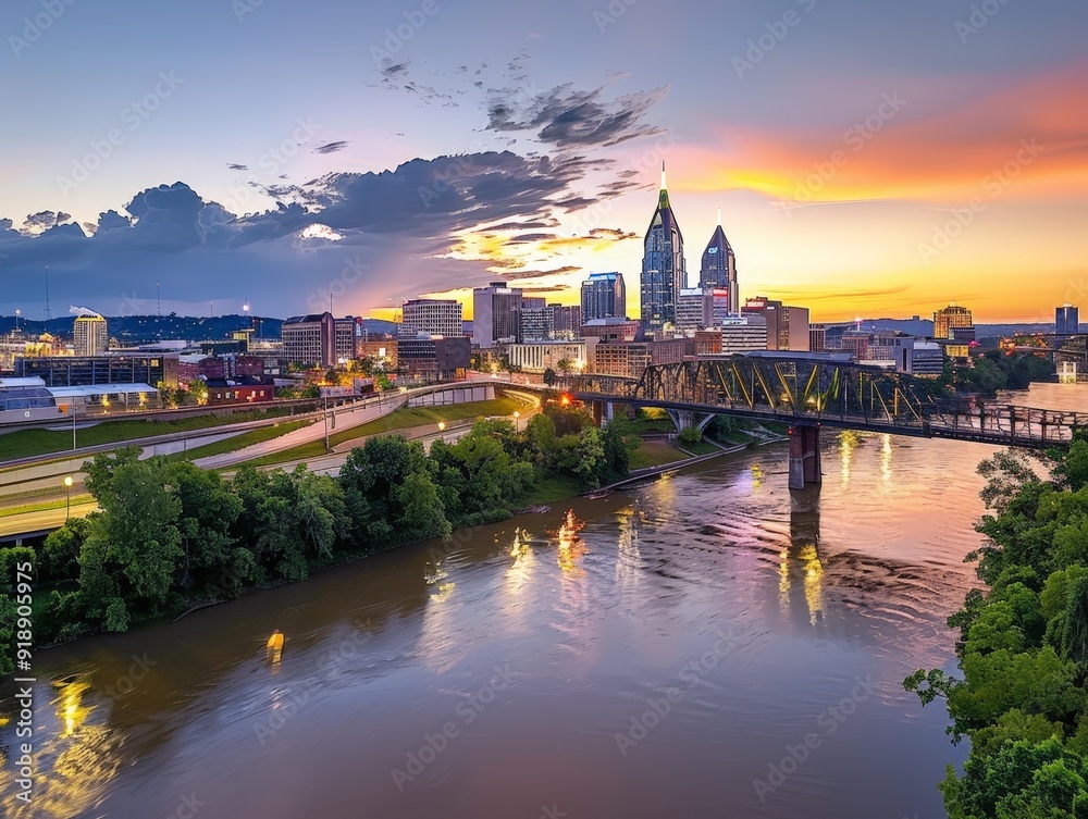 Naklejka premium The iconic Nashville skyline, bathed in golden light, stands tall over the tranquil Cumberland River.
