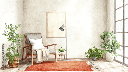 A cozy bedroom in warm terracotta tones with a terracotta rug, a wooden chair, a white pillow, a gray lamp, and a green plant, featuring a rustic and inviting atmosphere photo