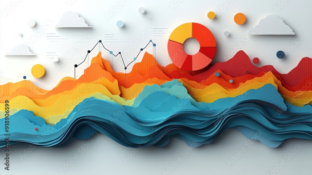 Elegant Paper Art Design with Line Graph and Pie Chart for Business Growth