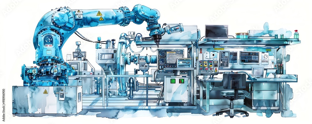 A hightech factory in cool blue tones with a blue robotic arm, a silver ...