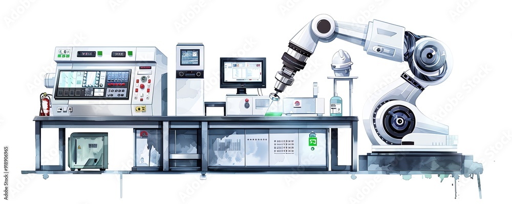 A hightech factory in cool silver tones with a silver robotic arm, a black control panel, a white monitor, a gray safety helmet, and a green emergency button, exuding a futuristic and innovative vibe A hightech factory in cool silver tones with a silver robotic arm, a black control panel, a white monitor, a gray safety helmet, and a green emergency button, exuding a futuristic and innovative vibe