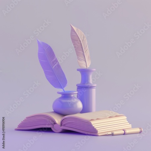 Inkwell on top of books with parchment scroll, 3d illustration in the style of minimal soft glow violet solid background