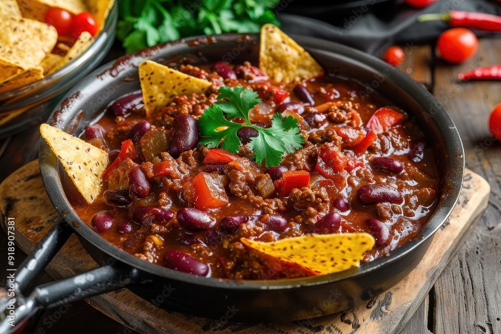 Yummy chili in a pan with tortilla chips Yummy chili in a pan with tortilla chips