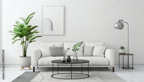 A minimalist living room in soft white tones with a white sofa, a black coffee table, a gray rug, a silver lamp, and a green plant, featuring a clean and serene environment