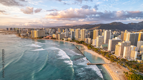 Aerial View of Waikiki Skyline at Sunset, Oahu