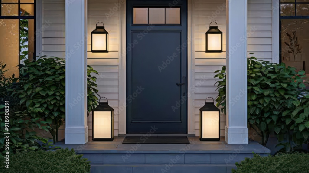 Fototapeta premium Charming entrance featuring a dark door flanked by elegant lanterns, creating a warm and inviting atmosphere at dusk.