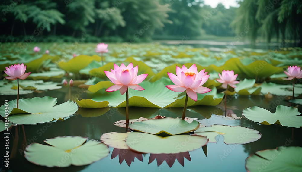 Massive water lilies float gracefully on the surface of a tranquil jungle pond, Generative Ai Massive water lilies float gracefully on the surface of a tranquil jungle pond, Generative Ai
