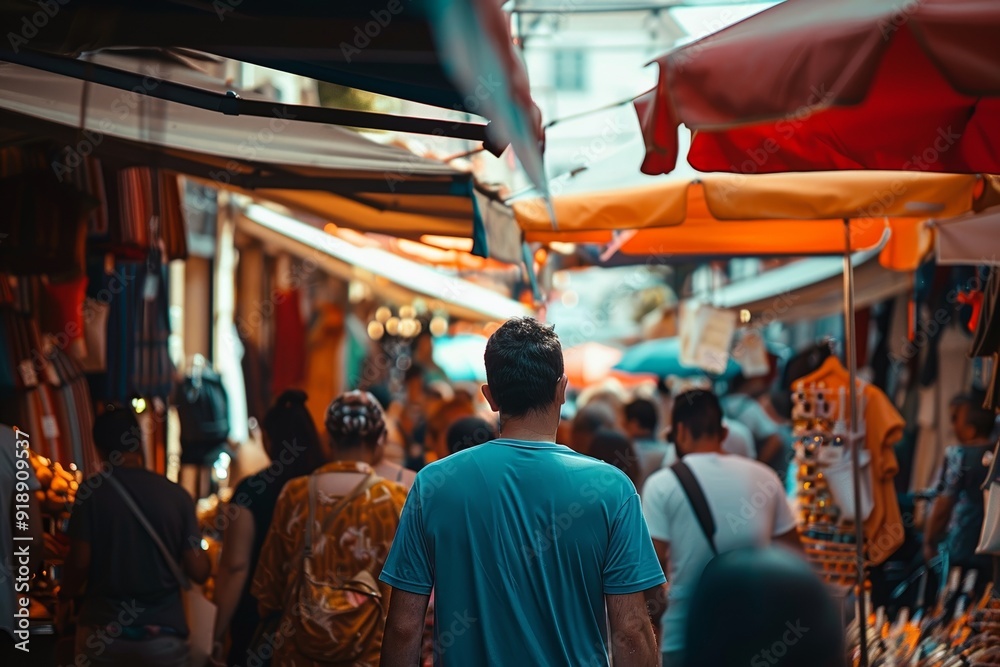 Obraz premium A photo of a bustling marketplace in the afternoon with colorful stalls and people in the background