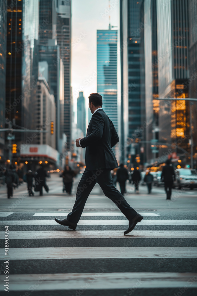 A businessman in a suit crosses a city street during rush hour, symbolizing determination and progress with ample copy space. A businessman in a suit crosses a city street during rush hour, symbolizing determination and progress with ample copy space.