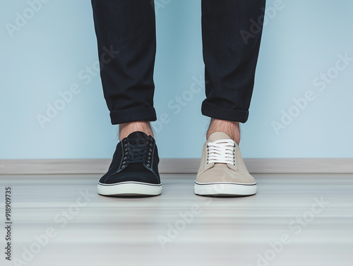 Close-up of mismatched sneakers on a wooden floor, representing individuality and nonconformity with clean copy space above. photo