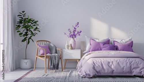 A serene bedroom in soft lavender tones with a purple pillow, a white nightstand, a gray rug, a pink vase, and a wooden chair, creating a relaxing and peaceful atmosphere
