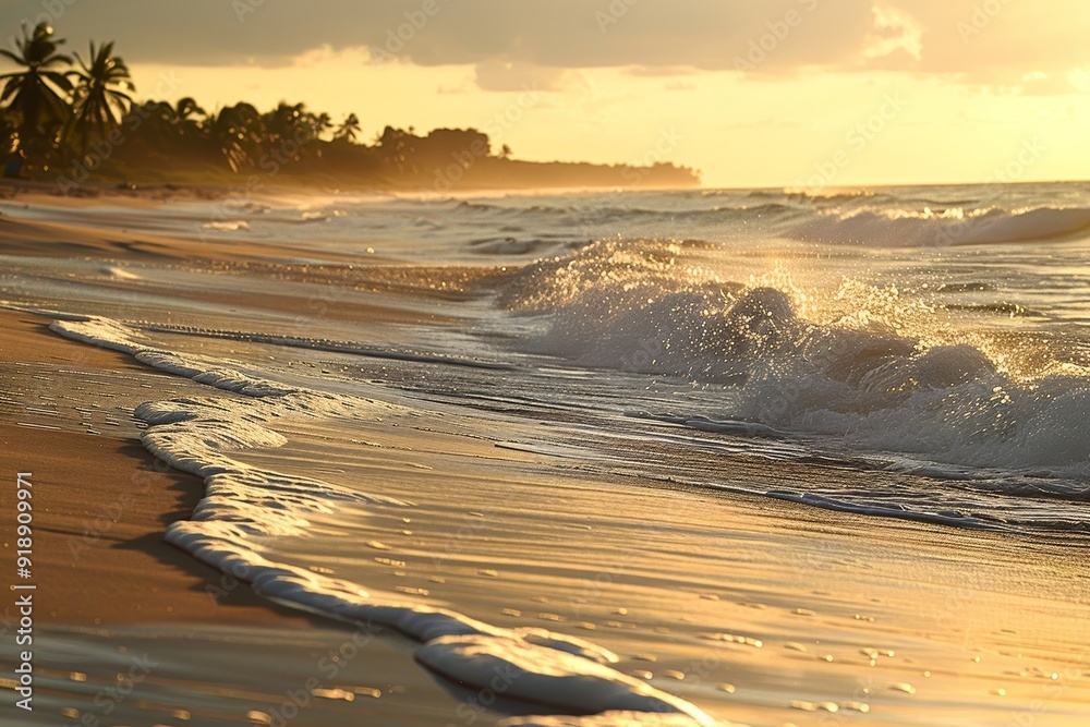 Obraz premium A photo of a tranquil beach at sunset with waves and palm trees in the background
