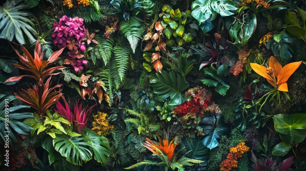 Obraz premium Lush Green Wall with Vibrant Tropical Flowers and Foliage