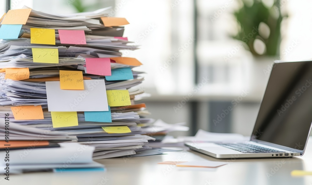 high stack of paper documents with sticky notes and laptop on white desk in office workplace. high stack of paper documents with sticky notes and laptop on white desk in office workplace.
