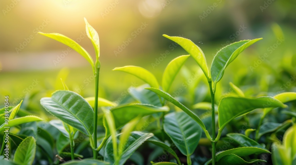 Close up of fresh green tea leaf in morning sunlight. Nature background. Close up of fresh green tea leaf in morning sunlight. Nature background.