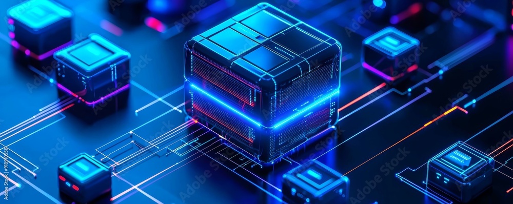 Abstract Futuristic Technology - Neon Glowing Cubes Connected by Digital Lines in a Cybernetic Landscape Abstract Futuristic Technology - Neon Glowing Cubes Connected by Digital Lines in a Cybernetic Landscape