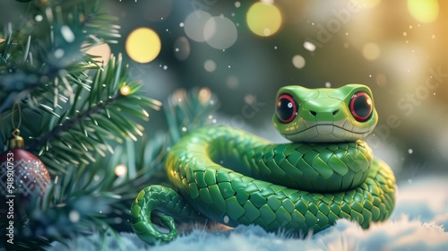Green little snake is sitting by the Christmas tree, in the style of iconic pop culture caricatures, cute and dreamy