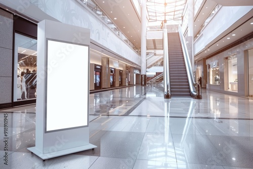 A roll-up mockup poster stand positioned near escalators in a large shopping mall  advertising space