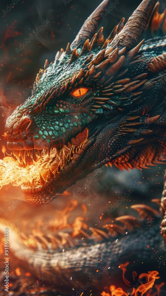 Fierce dragon with emerald scales and fiery breath Fierce dragon with emerald scales and fiery breath