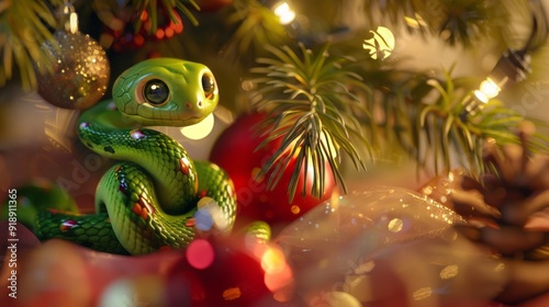 Green little snake is sitting by the Christmas tree, in the style of iconic pop culture caricatures, cute and dreamy