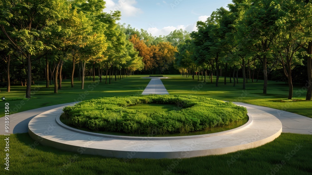 A serene park scene featuring a circular green garden surrounded by walking paths and lush trees under a clear blue sky. A serene park scene featuring a circular green garden surrounded by walking paths and lush trees under a clear blue sky.