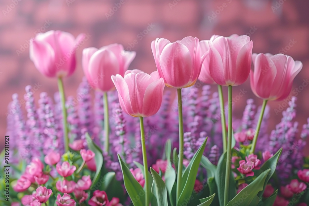 Pink tulips and lavender flowers in full bloom against a soft, blurred background Pink tulips and lavender flowers in full bloom against a soft, blurred background