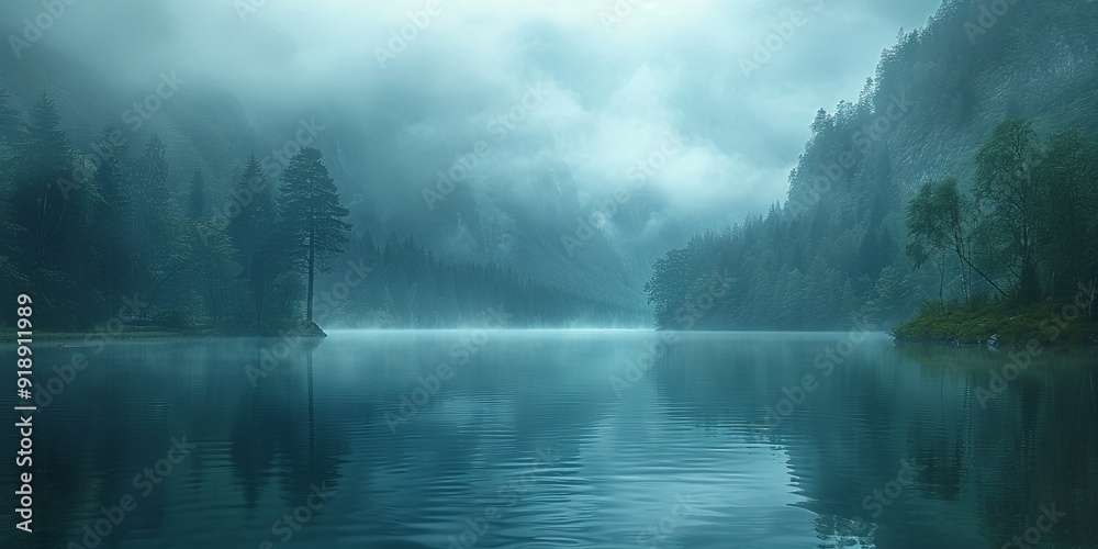 Fog rolls across a tranquil lake, creating an ethereal and dreamlike atmosphere Fog rolls across a tranquil lake, creating an ethereal and dreamlike atmosphere