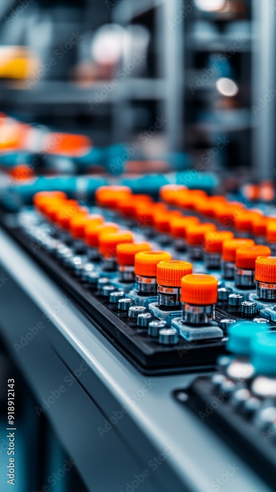 Fototapeta premium close-up of a row of orange and blue caps on a metal surface in a laboratory setting.