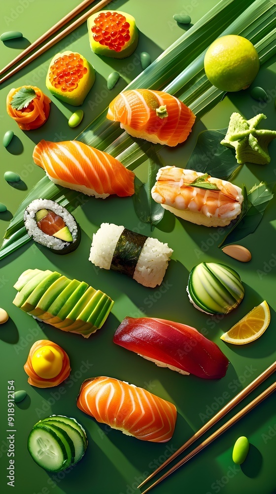 Assorted Sushi on Green Background.