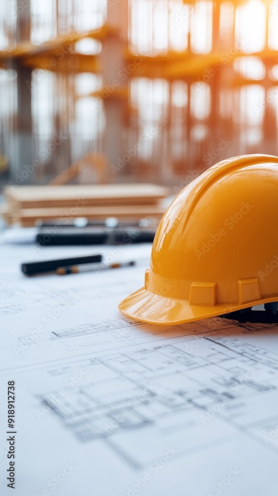 construction safety helmet and blueprint with tools on table in foreground, construction site in background with sun flare. construction safety helmet and blueprint with tools on table in foreground, construction site in background with sun flare.