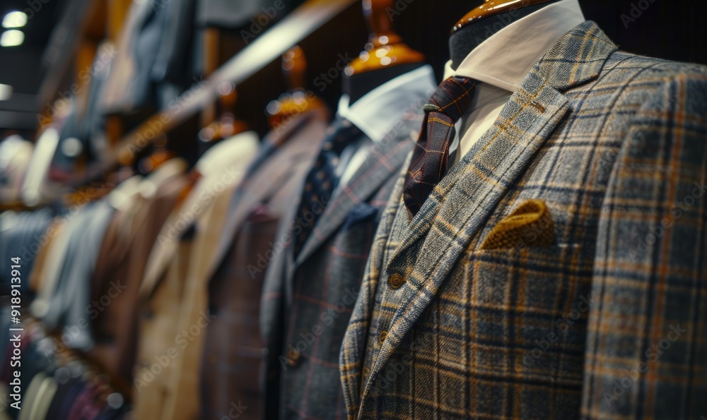 luxury men's suits in the store, with mannequins wearing neckties and blouses