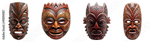 Collection set of traditional wooden tribal masks isolated on transparent background