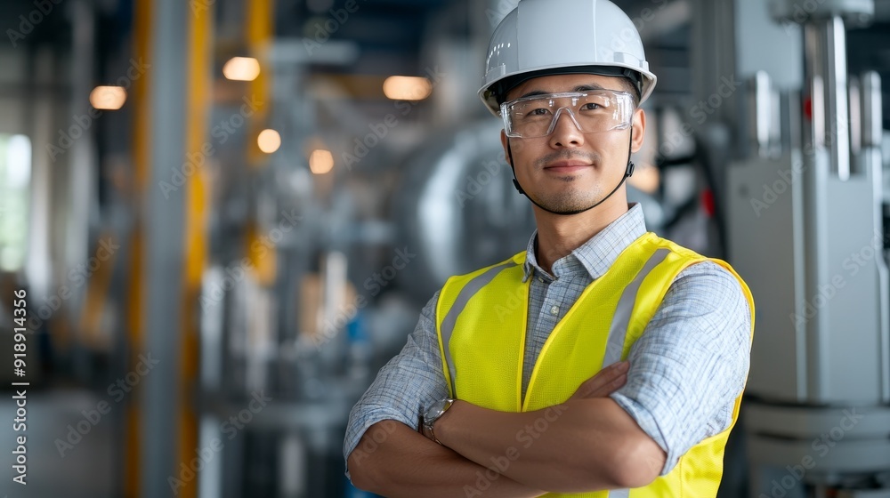 A confident male engineer wearing a hard hat and safety vest, smiling with arms crossed, standing in an industrial setting, representing professionalism and competence. A confident male engineer wearing a hard hat and safety vest, smiling with arms crossed, standing in an industrial setting, representing professionalism and competence.