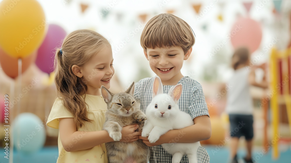 Two happy children holding adorable pets at a festive outdoor event filled with colors and joy.