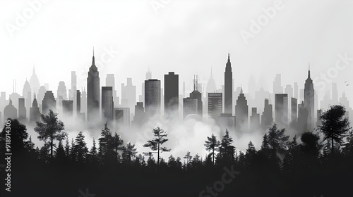 Foggy and Snowy Skyline of an Urban City at Sunset