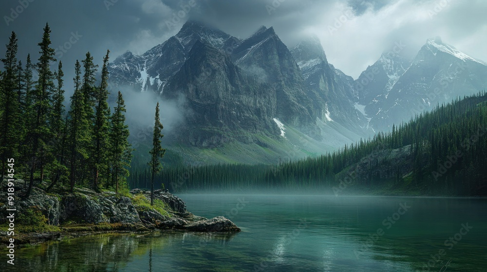 Naklejka premium A Serene Mountain Lake with Fog and Trees