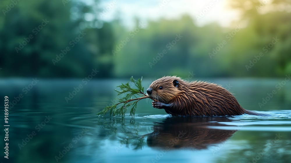 Curious Beaver Paddles Across Calm Pond with Branch in Mouth Curious Beaver Paddles Across Calm Pond with Branch in Mouth